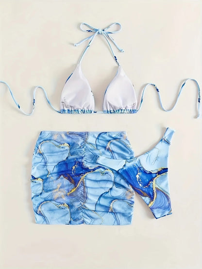 3 pieces Halter String Bikini Triangle Swimwear Female Beach Skirt Swimsuit Women Bathers Bathing Swimming Suit Beachwear