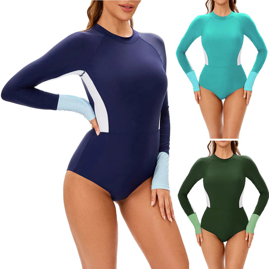 Women Swim Leotard Surfing Swimwear One-Piece Swimsuit Sun Protection Athletic Bathing Suit Long Sleeve Bodysuit with Chest Pads