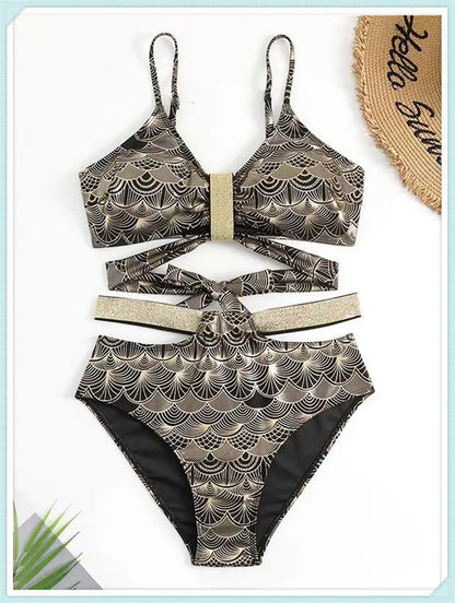 Metallic Stitch Strap Bikini  Women Push Up Gold print Swimsuit Female High Waist Swimwear Bathers Bathing Suit Beachwear