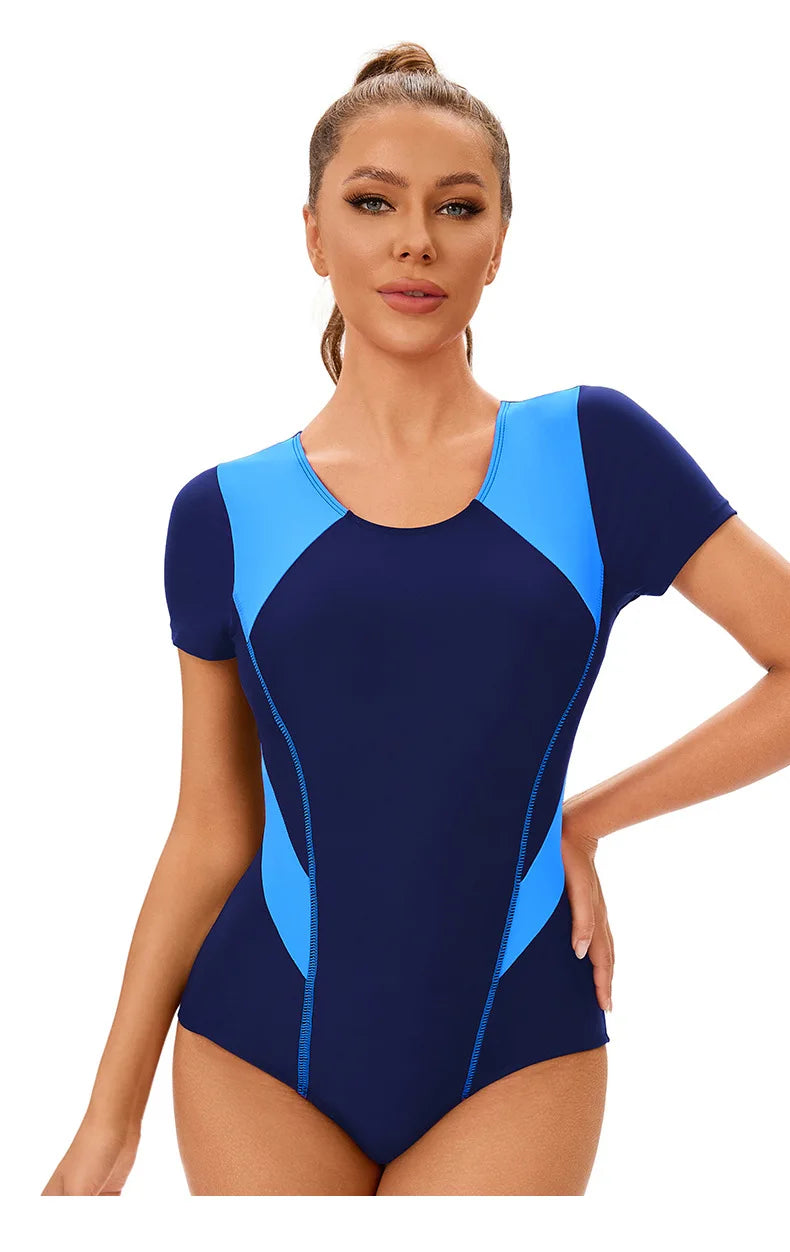 Women's Color Block Short-Sleeve Racing One-Piece Swimsuit Round Neck High-Cut Competition Bathing Suit