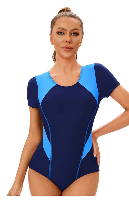 Women's Color Block Short-Sleeve Racing One-Piece Swimsuit Round Neck High-Cut Competition Bathing Suit