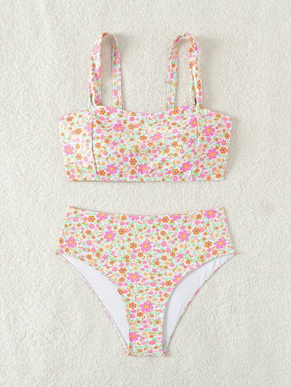 Floral Print 2 Piece Swimsuit for Women High Waist  Bandeau Bikini Set Suspender Backless Beach Vacation Swimwear Bathers