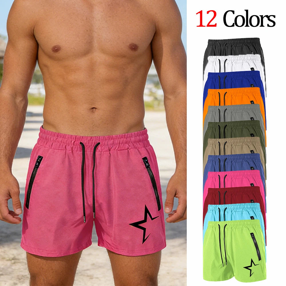 Men's Swimming Trunks with Double Zipper Pockets Summer Quick Dry Beach Shorts Star Print Gym Fitness Running Sport Shorts