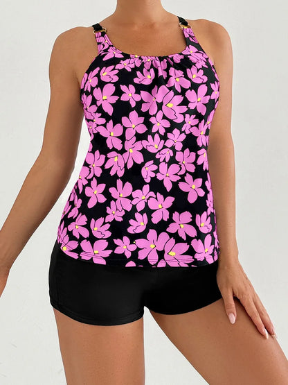 Strappy Tankini Floral Printed Swimsuit Women Two Pieces Shorts Swimwear Female Bathing Swimming Suit Beachwear Summer