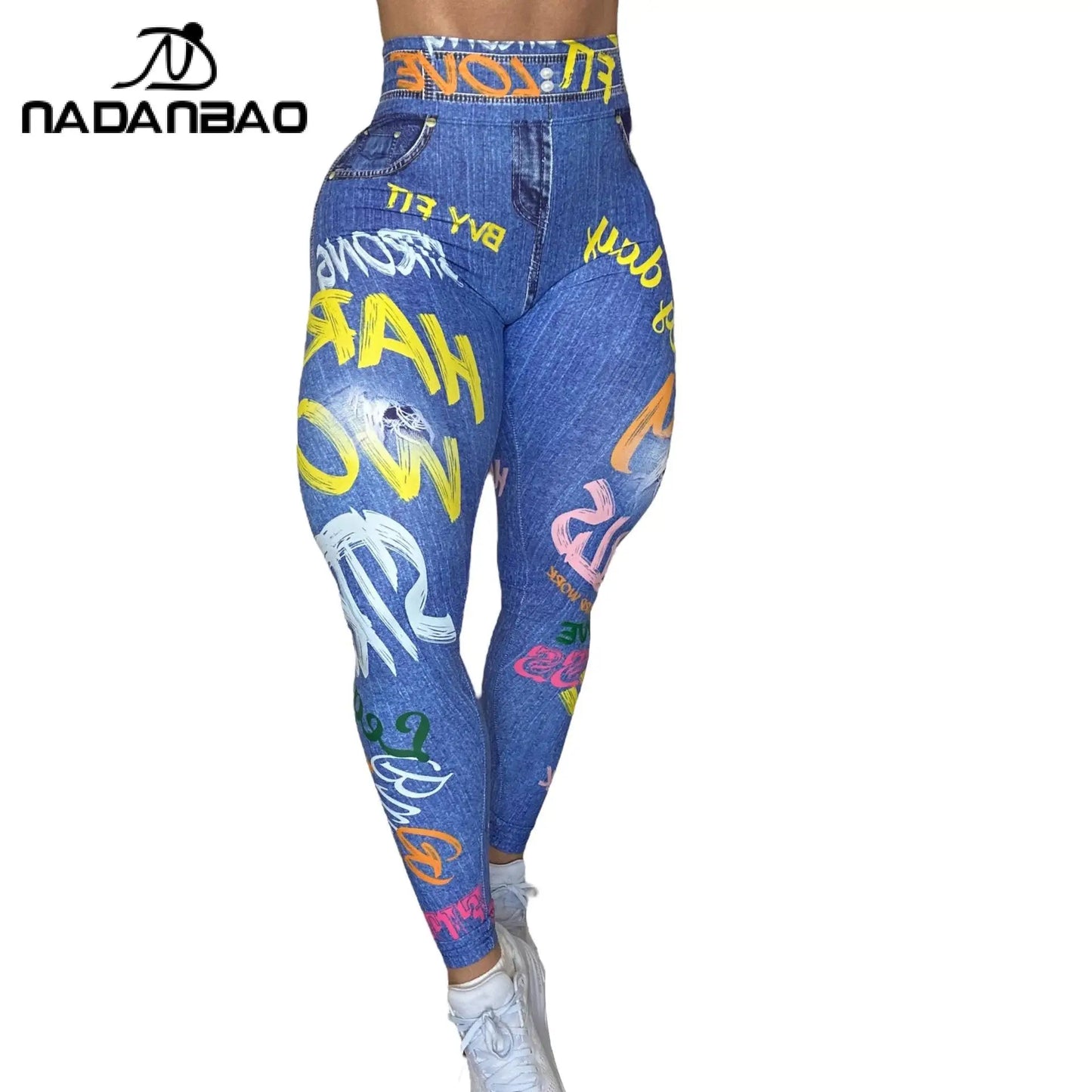 Women Semales Slim Legging Imitation Denim Printed High Waist Yoga Pants
