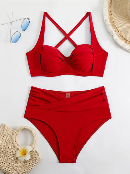 Pleated Underwired Padded Female Swimsuit High Waist Bikini Women Swimwear Two-pieces Bikini set Bather Bathing Suit Swim