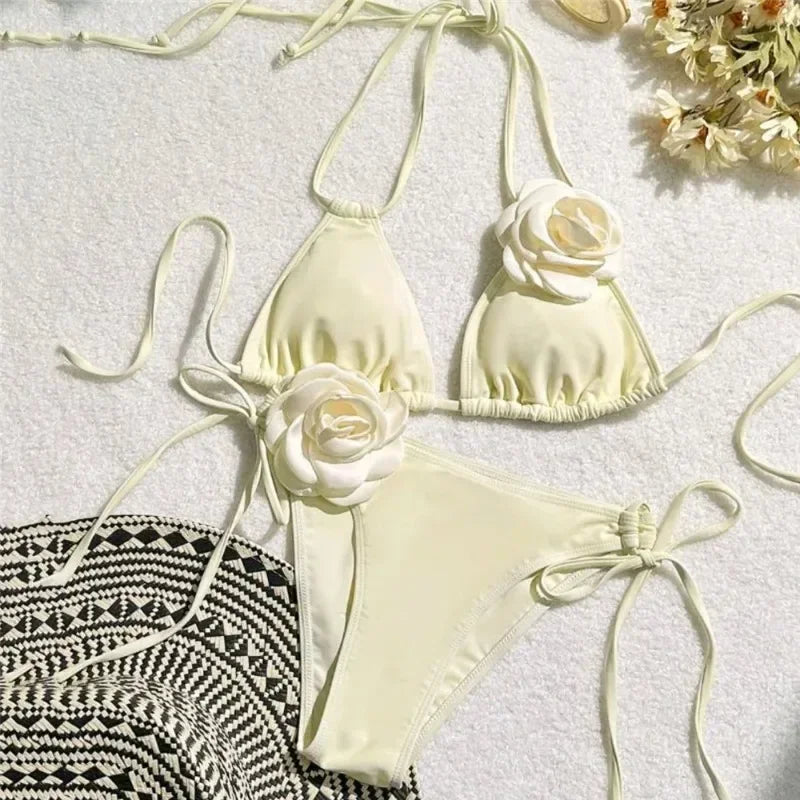 Flower Bandeau Swimwear Thong Bikini Women Lace-up Swimsuits Swimming Bathing Suit Brazilian Bikinis Set Mujer Biquini