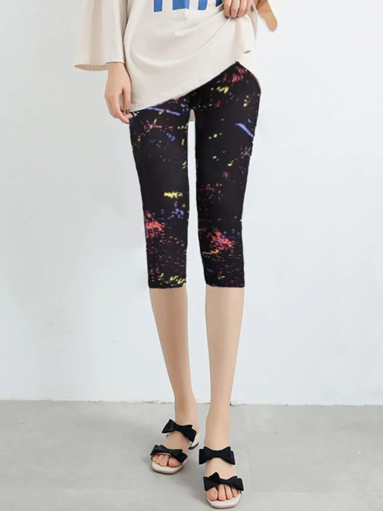 Workout Leggings Print Capris Women Push Up High Waist Pants Sportswear Short Trousers Black Fitness Legging