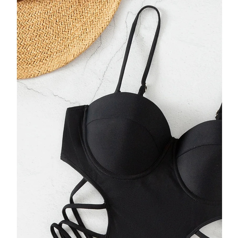 Black Strapped Swimwear Women Hollow Push Up One Piece Swimsuit Monokini High Waist Backless Bathing Suit