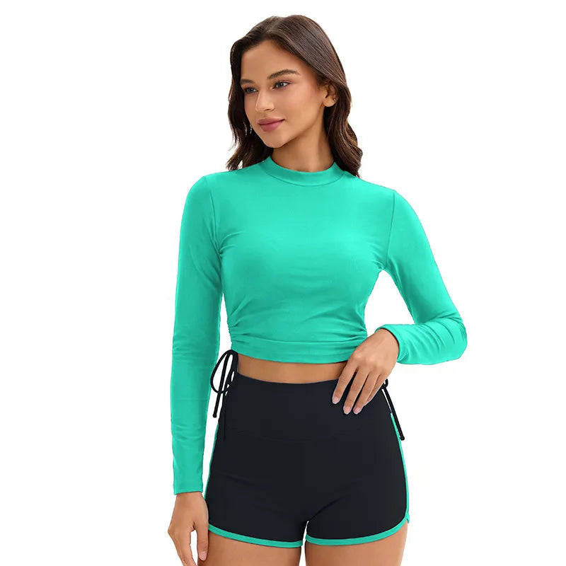 Long Sleeve Swimsuits for Women Bathing Suit Rash Guard Modest Surf Two  Piece High Neck Swimwear Block Colors with Boyleg