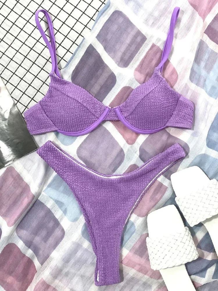 Ribbed Underwired V-Bar Thong Bikini Women Swimsuit Female Swimwear Two-pieces Bikini Set High Cut Bathing Suit Swim Beachwear