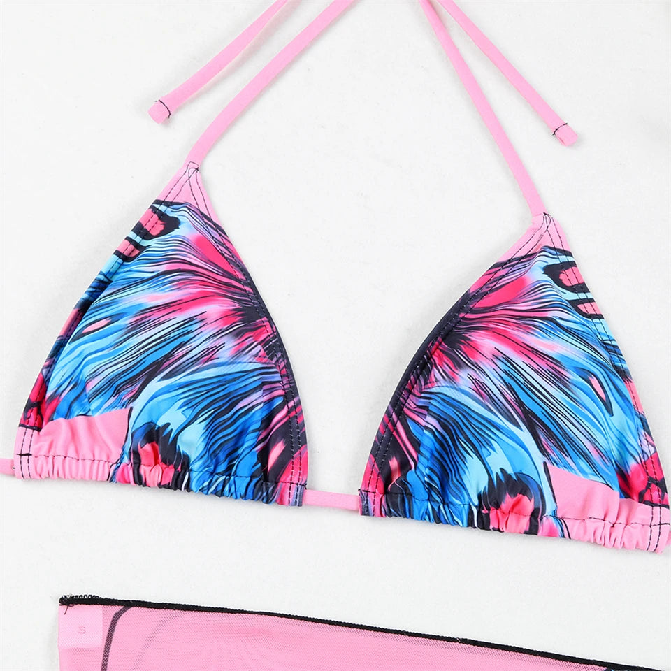 3 Pieces Bikini With Beach Skirt Butterfly Print String Bathing Suit Women Swimwear Female Swimming Swimsuit