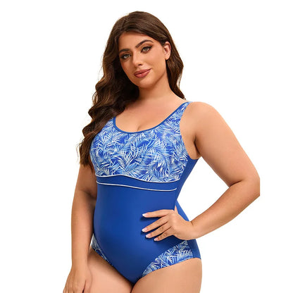 Women's Sports One Piece Swimsuit Racerback Black Sports Swimwear Leaf Printed Bathing Suit Plus Size Women Swimwear