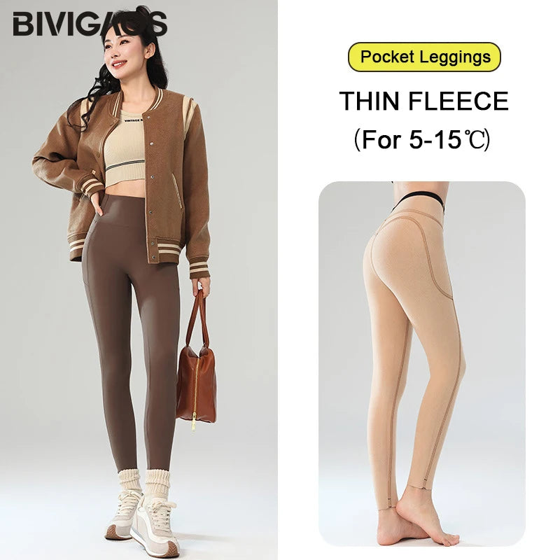 Winter Fleece Pocket Sharkskin Leggings Women High Waist Tight-Fit Velvet Thickened Warm Sports Running Leggings
