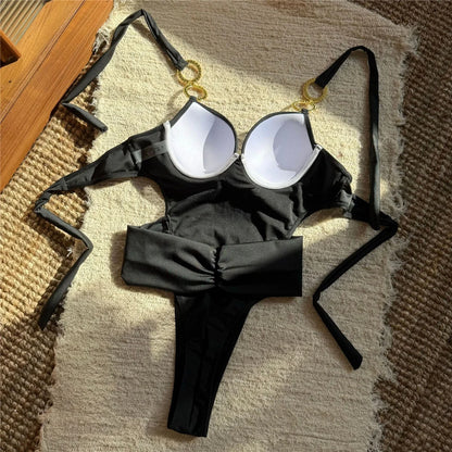 Halter With Belt Underwired Women Swimwear One Piece Swimsuit Female High Cut Leg Mini Thong Bather Bathing Suit Swim