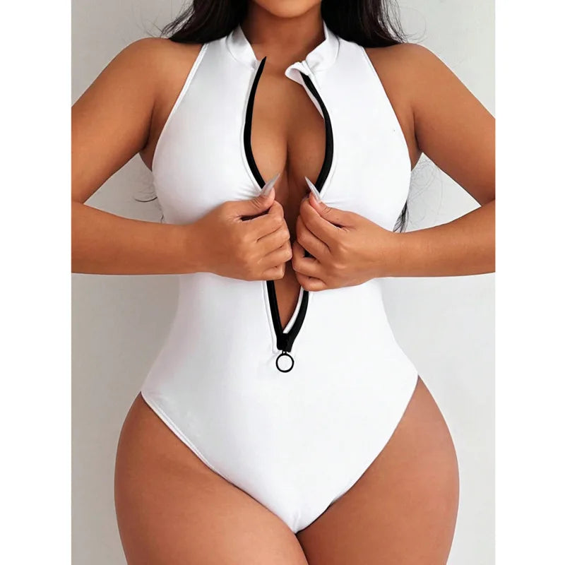 Zipper One Piece Swimsuits Closed Women's Solid Swimwear Sports Swimming Wear Body Bathing Suits Beachwear Pool Bather