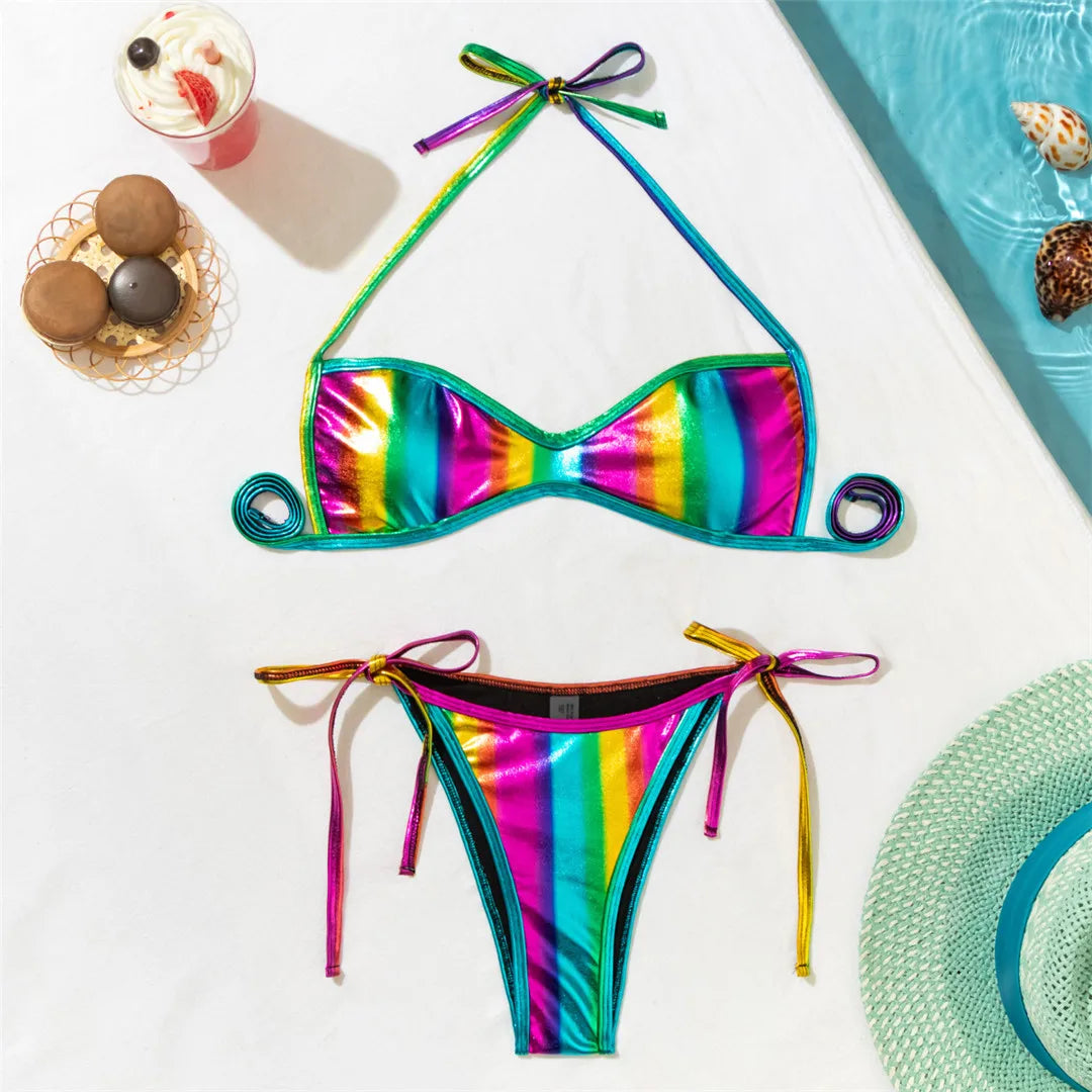 Rainbow Halter Strappy High Leg Cut Bikini Female Swimsuit Women Swimwear Two-pieces Bikini set Bather Bathing Suit Swim