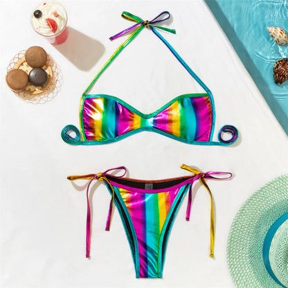 Rainbow Halter Strappy High Leg Cut Bikini Female Swimsuit Women Swimwear Two-pieces Bikini set Bather Bathing Suit Swim