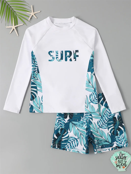 Boy Swimsuit Solid And Print Long Sleeve Children Swimwear Summer Kids Beach Wear Shorts Swimming Bathing Suit For Boys