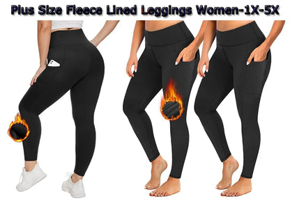Plus Size Fleece Lined Leggings with Pockets for Women High Waist Winter Tummy Control Thermal Warm Yoga Pants