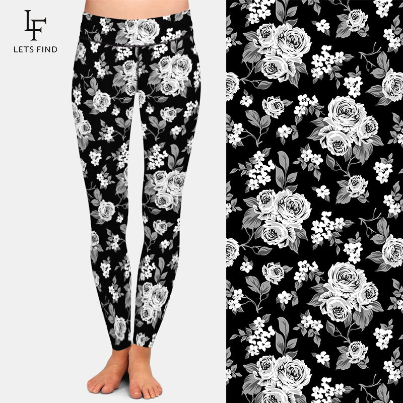 White Roses and Tulips Print Women Leggings High Waist Fitness Comfortable Leggings