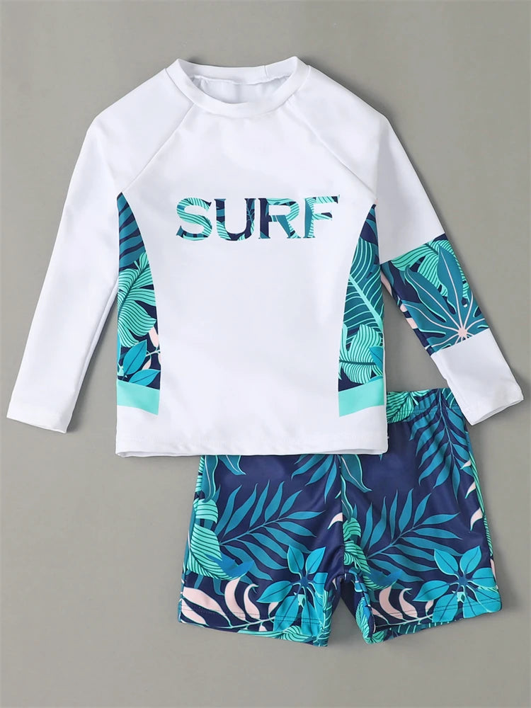 Boy Swimsuit Leaves Print Long Sleeve Children Swimwear Summer Two Piece Kids Beach Wear Swimming Bathing Suit Boys Men