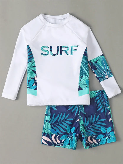 Boy Swimsuit Leaves Print Long Sleeve Children Swimwear Summer Two Piece Kids Beach Wear Swimming Bathing Suit Boys Men