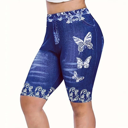 High Waist Women's Leggings Comfy Faux Denim Floral Geometric Patterns Y2K Style - Perfect for Yoga Casual Wear