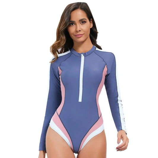 Long Sleeved Sun Protection One-piece Sports Swimsuit for Women High Elasticity Slim Zipper Sports Bikini Monokini Surfing Suit