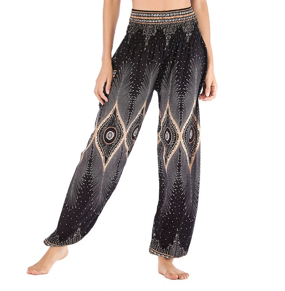 Women's Yoga Pants Bohemian Boho Pants Smocked Printing Design Trousers Loose