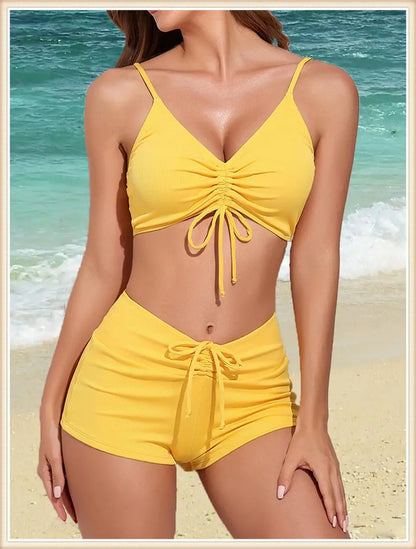 Drawstring Front Bikini Swimsuit Women High Waist Shorts Swimwear Female Bathing Swimming Swim Set Bathers Beachwear Summer