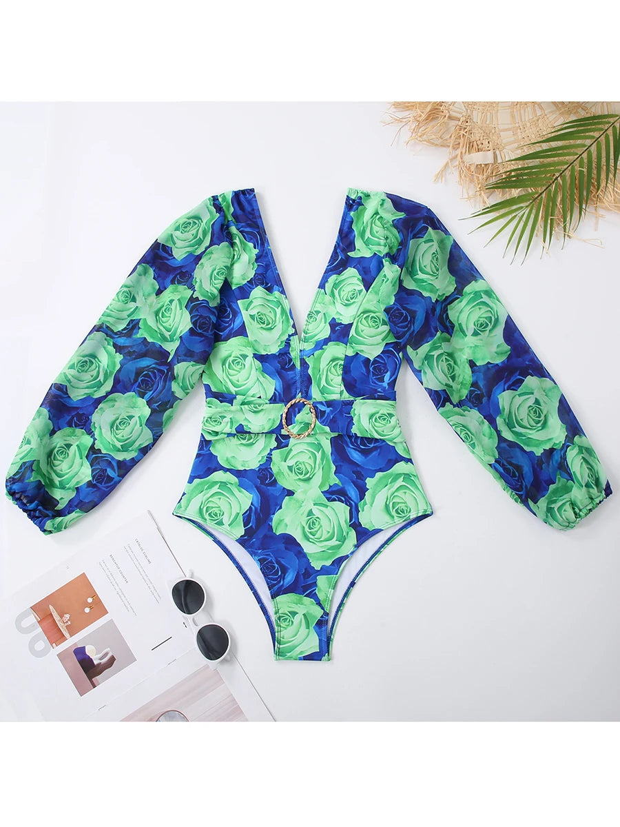 Rose Print V Neck Long Sleeve Swimsuit Women One Piece Swimwear Female Beachwear Bathers Bathing Swimming Swim Suit