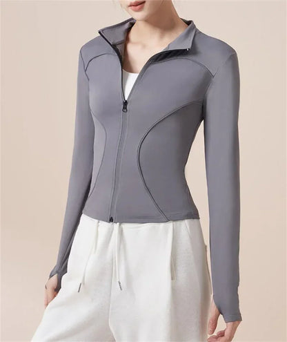 Slim Fit Yoga Jackets Reflective Stripe Safe Night Run Long Sleeve Women Sports Jackets Thumbhole Gym Tops Quick Dry