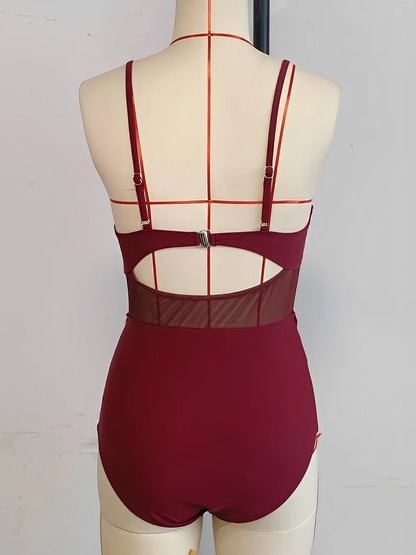 Vintage Strappy Swimsuit Women One Piece Solid Mesh Swimwear Female Bathers Bathing Swimming Swim Suit Beachwear XXL