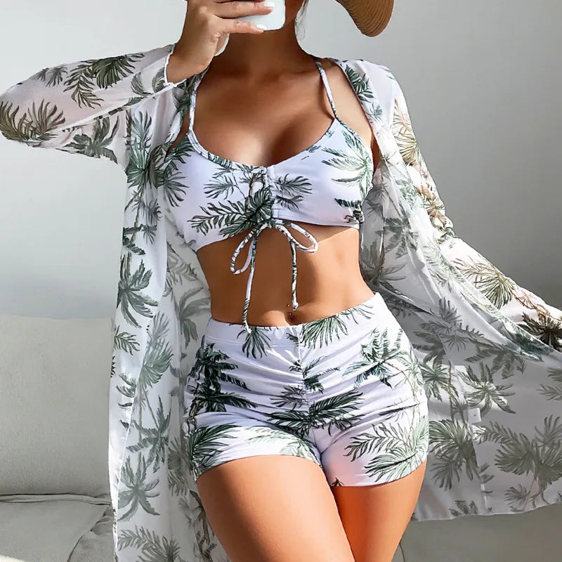 Summer Print Bikinis Swimwear Female Swimsuit Beachwear Push Up Three-Piece Bikini Set Women Swimming Bathing Suit