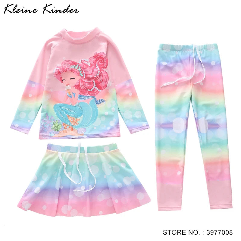 Swimsuit for Children Long Sleeve Rash Guard Swim Skirt and Surf Pant Set Sunscreen UV Protection Beach Kids Bath Clothes Girl