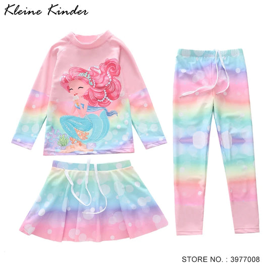 Swimsuit for Children Long Sleeve Rash Guard Swim Skirt and Surf Pant Set Sunscreen UV Protection Beach Kids Bath Clothes Girl