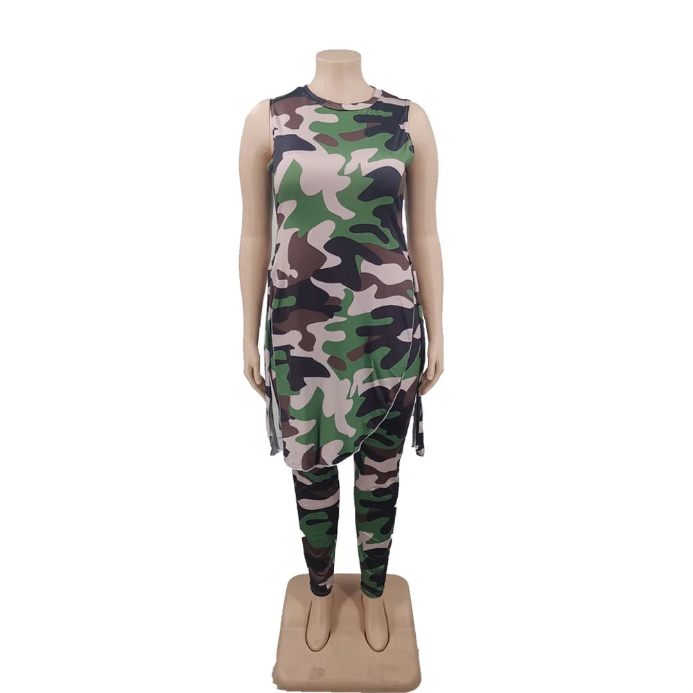 Camouflage Plus Size Women Clothing Two Piece Outfits Sleeveless Round Neck Bandage Crop Tops Pants Sets