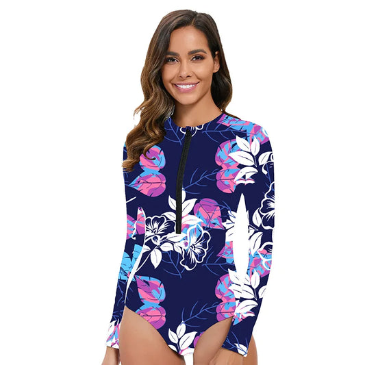 Color Block Color Patterns Long Sleeve Rash guard Women's  High-Cut One-Piece Swimsuit with UPF 50+ Protection