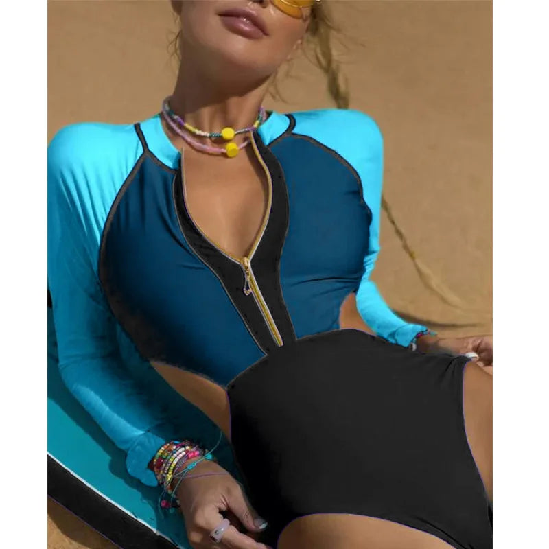 Patchwork One-Piece Swimsuit Long Sleeve Swimwear Sports Backless Women's Swimming Bathing Suit Beach Wear Bather Surfing