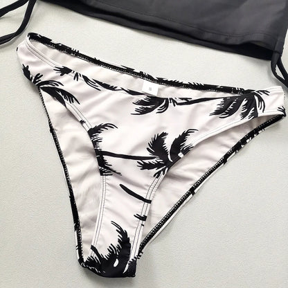 Solid Print Tankini Set Tied Halter Swimsuit Women Swimwear Biquinis Summer Backless Beach Bathing Suit