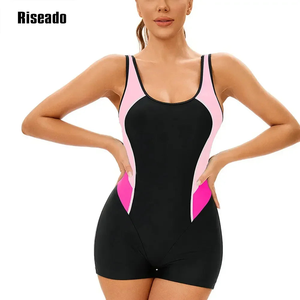 Women's Sport Beachwear One Piece Slimming Bathing Suit Splice Leg suit Korean Swimsuit for Pool Swimming
