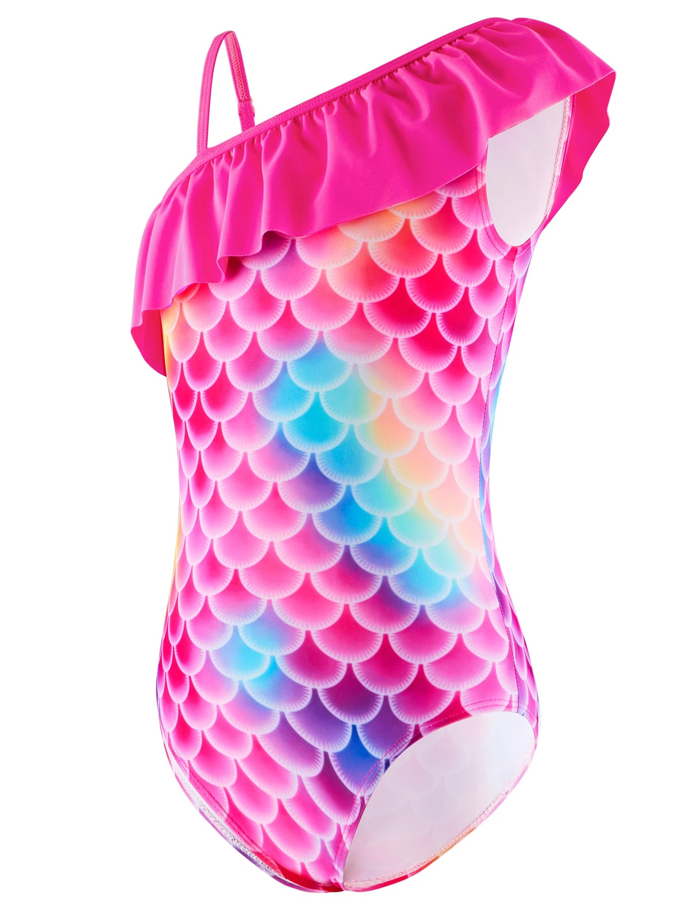 Swimming Suit Kids, One-Piece Swimwear, Girls Summer Clothes, One Shoulder Design with Ruffle, 3D Scale