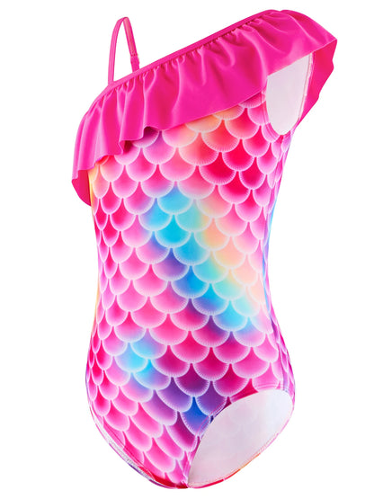 Swimming Suit Kids, One-Piece Swimwear, Girls Summer Clothes, One Shoulder Design with Ruffle, 3D Scale