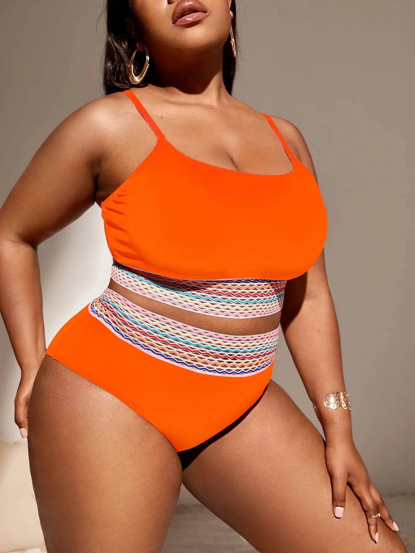 Orange Contrast Trim Swimsuit Women Plus Size Swimwear Female High Waist Bathers Bathing Swimming Suit Summer Beachwear