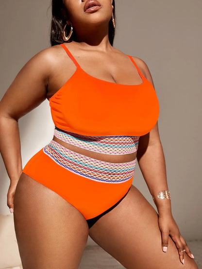 Orange Contrast Trim Swimsuit Women Plus Size Swimwear Female High Waist Bathers Bathing Swimming Suit Summer Beachwear