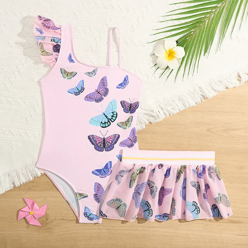 Butterfly Print Girls One Piece Swimsuit 4-7 Year Kids Swim Suit Infant Children's Swimwear 2025 Pink Bathing Suits with Skirt