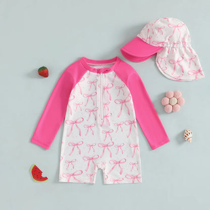 Toddler Girl Long Sleeve Swimsuit Floral/Bow/Strawberry Print Half Zipper Non-Pilling Rash Guard Swimwear Sunhat Set
