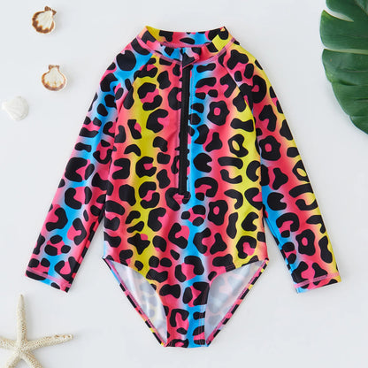 Girls Swimsuit Long Sleeves One Piece Swimwear for Kids Toddler Leopard UPF50+ Rash Guards Infant Bathing Suit