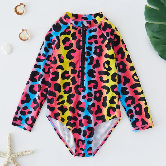 Girls Swimsuit Long Sleeves One Piece Swimwear for Kids Toddler Leopard UPF50+ Rash Guards Infant Bathing Suit
